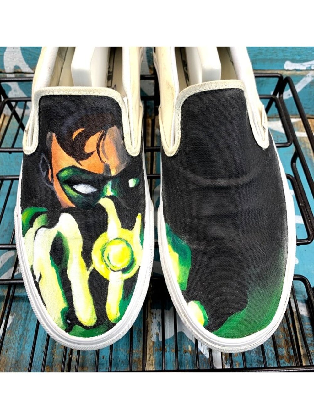 Vans Custom Painted** Green Lantern** Sk8er Sneakers Shoes Black/Green Mens Sz 9